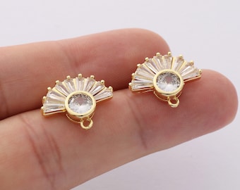 6pcs Real Gold Plated Fan Earrings, Zircon Fan Post Earrings, Ear Stud, Earring Attachment, Jewelry Accessories