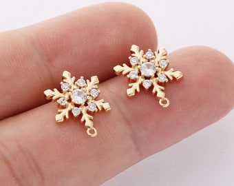 Pendientes de copo de nieve de circón chapados en oro real de 6 uds, pendientes de poste de pavé de cz, pendientes de flor, materiales accesorios de joyería hechos a mano