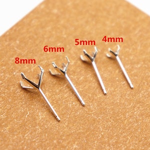 20 pair Ear Stud Setting,Earring Posts,Sterling Silver Earring Post Findings,Faceted Stone Setting,3/4/5/6/8MM 4 Prongs Claws Earrings