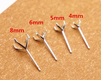 20 pair Ear Stud Setting,Earring Posts,Sterling Silver Earring Post Findings,Faceted Stone Setting,3/4/5/6/8MM 4 Prongs Claws Earrings