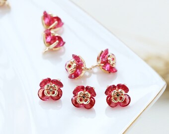 10pcs CZ Pave Charm, Zircon Flower Pendant, Rose Red Flower Charm,8mm,Jewelry Making,Material Craft Supplies