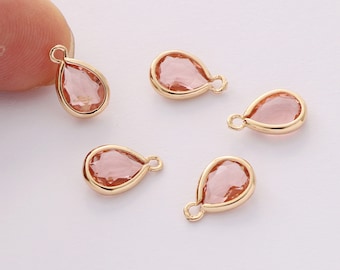 10pcs Tiny Pink Glass Charm, Teardrop Crystal Pendant,Bezel Gemstone, wholesale prices