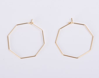 10PCS Real 18K Gold Plated Octagon Hoop Earring, 25MM/28MM, Hoop Ear Wire, Wine Glass Charm Rings, Large Hoop Earrings, Beading Hoop