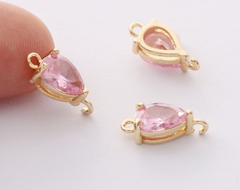 10pcs Pink Teardrop Charm, Tiny Teardrop Zircon Connector, Faceted Glass Charm,Framed Glass, Jewelry Accessories, Wholesale