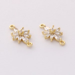 6pcs Real Gold Plated Zircon Flower Charm,CZ Pave Floral Connector,Gold Initial Charm, Handmade Jewelry Accessory Materials image 2