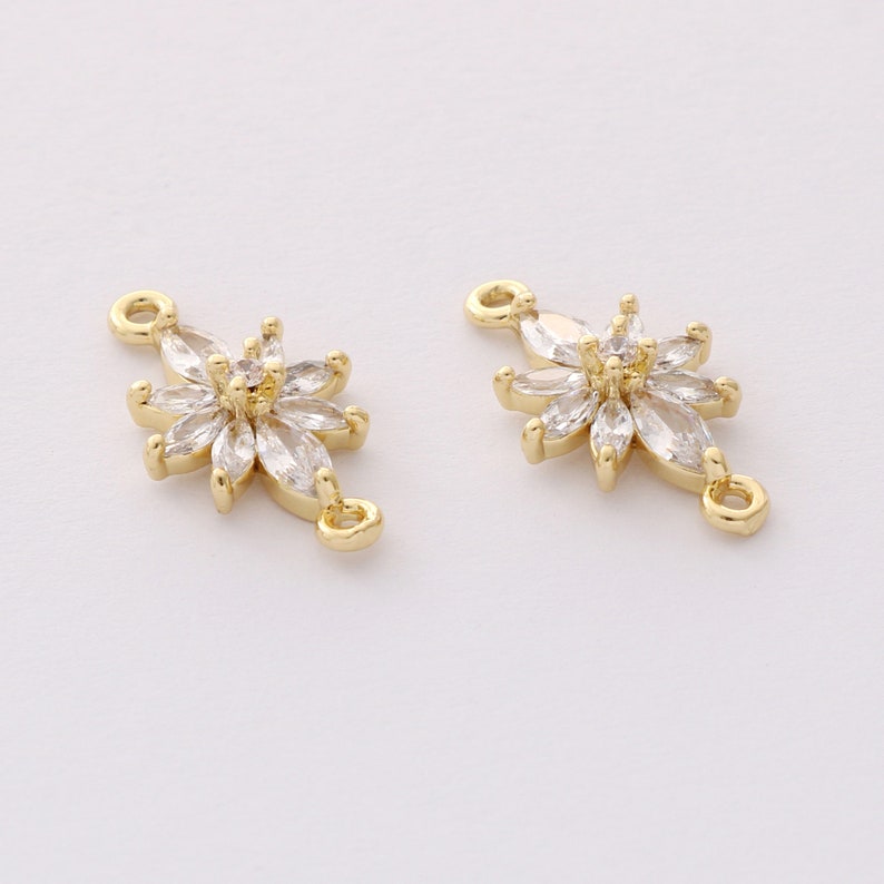 6pcs Real Gold Plated Zircon Flower Charm,CZ Pave Floral Connector,Gold Initial Charm, Handmade Jewelry Accessory Materials image 2