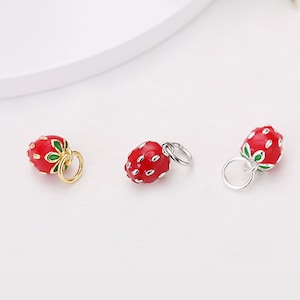 6pcs 925 Sterling Silver Strawberry Charm, Fruit Charm, Enamel Strawberry Pendant, Tiny Mini Strawberry Charm,Minimalist,Supplies