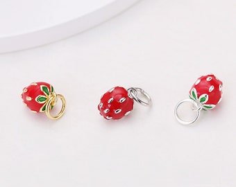 6pcs 925 Sterling Silver Strawberry Charm, Fruit Charm, Enamel Strawberry Pendant, Tiny Mini Strawberry Charm,Minimalist,Supplies