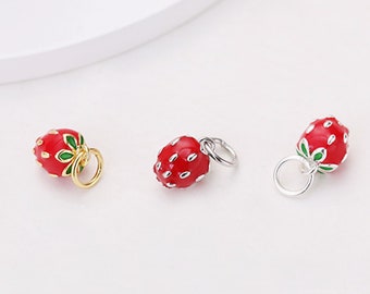 6pcs 925 Sterling Silver Strawberry Charm, Fruit Charm, Enamel Strawberry Pendant, Tiny Mini Strawberry Charm, Minimaliste, Fournitures