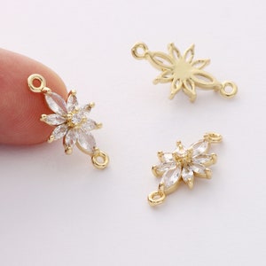 6pcs Real Gold Plated Zircon Flower Charm,CZ Pave Floral Connector,Gold Initial Charm, Handmade Jewelry Accessory Materials
