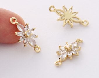 6pcs Real Gold Plated Zircon Flower Charm,CZ Pave Floral Connector,Gold Initial Charm, Handmade Jewelry Accessory Materials