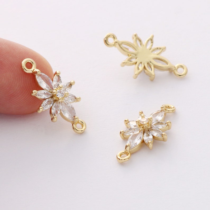 6pcs Real Gold Plated Zircon Flower Charm,CZ Pave Floral Connector,Gold Initial Charm, Handmade Jewelry Accessory Materials image 1