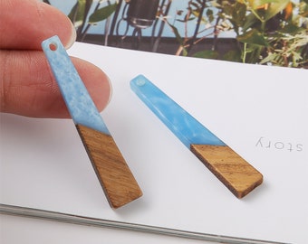 4pcs Resin and Wood Charm, Blue Rectangle Stick Wood Pendant, Color Block, Long Stick Wood, Colorful Wood Pendant