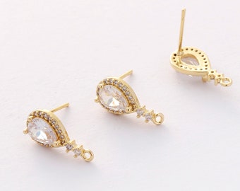 6PCS Real Gold Plated Zircon Teardrop Earrings, cz Pave Post Earrings, Stud Earrings, Jewelry Making,Jewelry Accessories,Diy Material