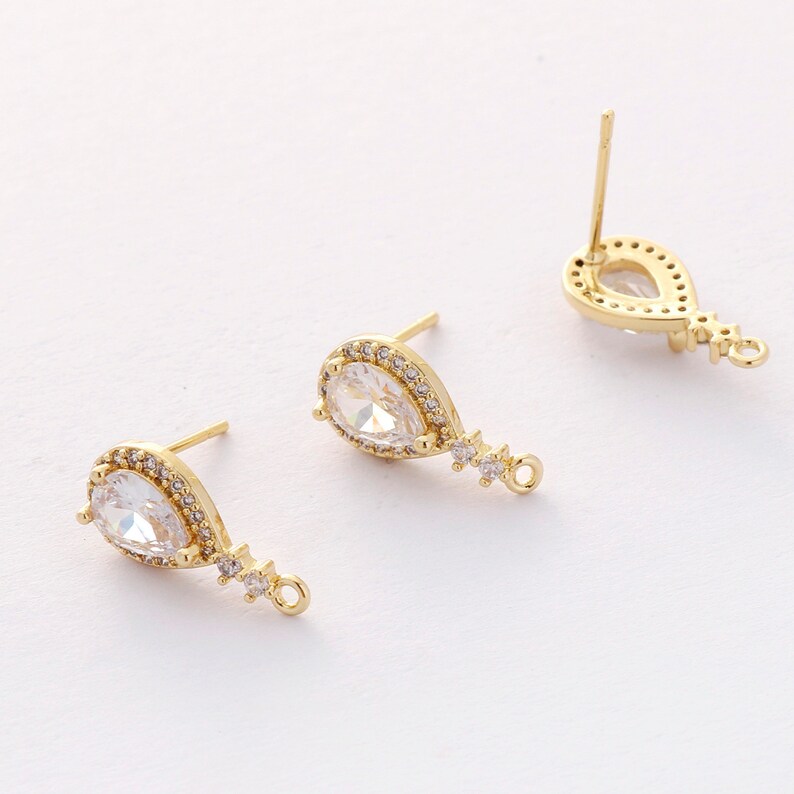 6PCS Real Gold Plated Zircon Teardrop Earrings, cz Pave Post Earrings, Stud Earrings, Jewelry Making,Jewelry Accessories,Diy Material image 1