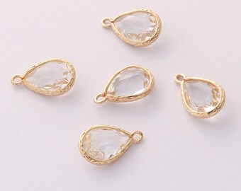 Ciondolo a goccia sfaccettato in cristallo trasparente da 10 pezzi con cornice in oro, grandi perle di lucite sfaccettate, ciondolo in vetro a goccia, pietra preziosa lunetta