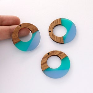 4pcs Resin and Wood Charm, Blue Round Circle Wood Pendant, Color Block, Colorful Wood Pendant, Earrings Making,Wood Jewelry Accessories