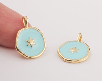 6pcs Real Gold Plated Star Charm, Blue Enamel Star Pendant, Disc Tag Charm,Jewelry Accessories, Nickel Free,high-quality