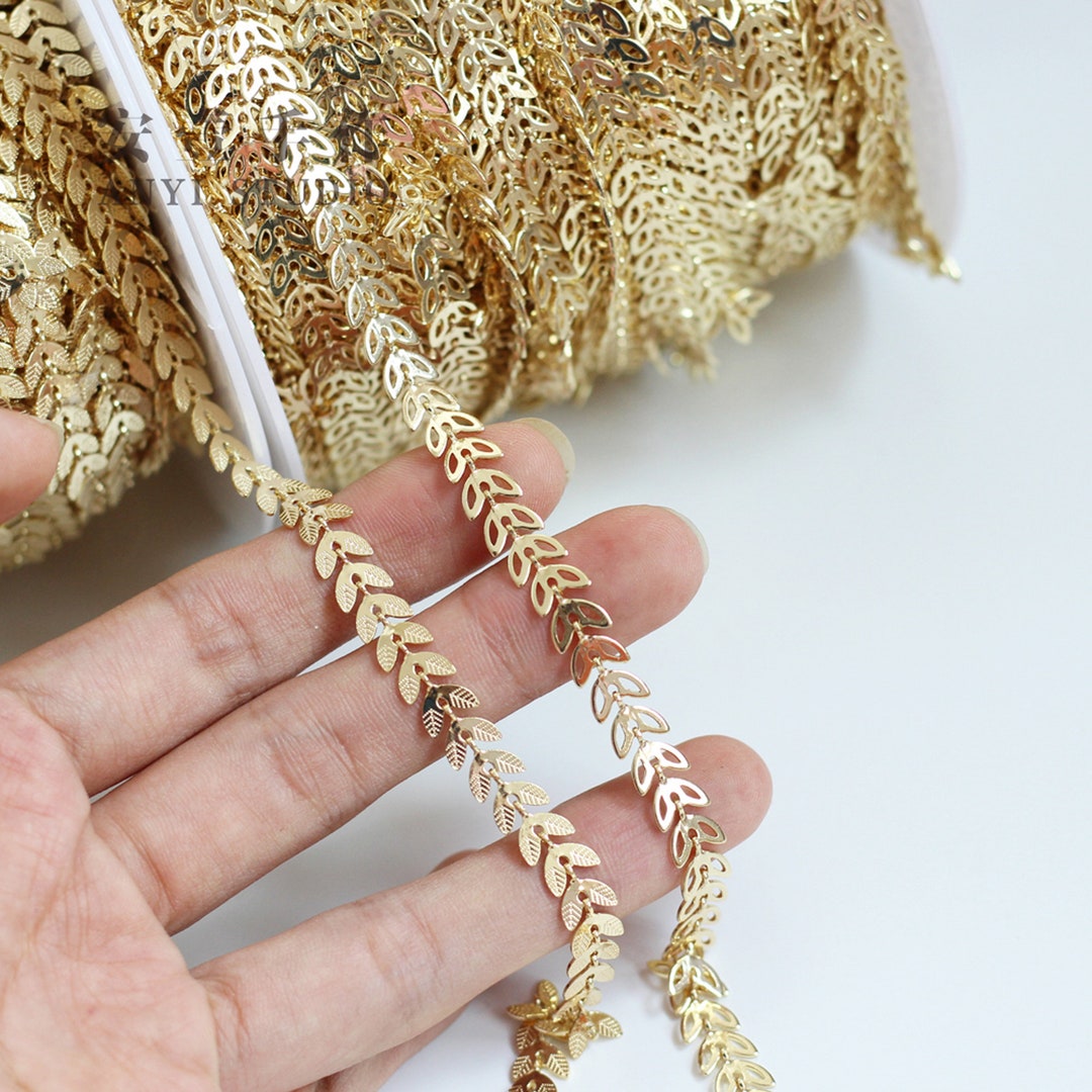 Fish Roe Pattern Chain 3.3 Feet/1m Real Gold Plated Brass Fish Bone Chain, Dainty Chevron ...