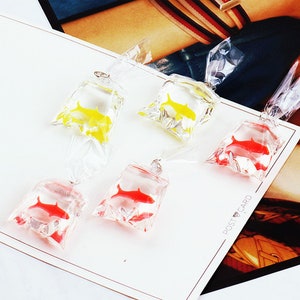 10pcs Resin Fish Bag Charm, Bag of Fish Cabochons, Miniature Goldfish, Novelty Funky Jewelry, Earrings parts, Earring Charm
