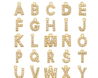 Encanto de letra de oro real de 5 uds, letra de pavé cz, dije de letra inicial, colgante de letra Vermeil, letra de circón, collar de nombre/palabra, 26 letras mayúsculas