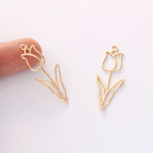 6pcs Real Gold Plated Tulip Charm, Tulip Flower Pendant,Tulip Bouquet,Plant, Flower Finding, Jewelry accessories