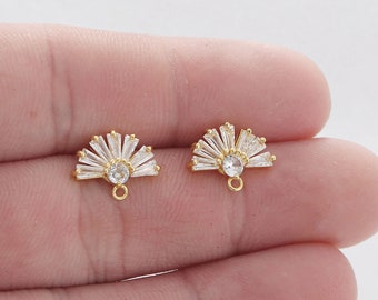 6pcs Real Gold Plated Fan Earrings, Zircon Fan Stud Earrings, cz Pave Brass Post Earrings,Jewelry Accessories