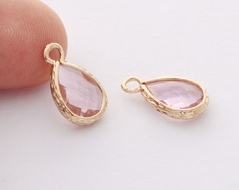 10pcs Frame Glass Charm,Pink Glass Birthstone Charm,7*10mm,Tiny Teardrop Glass Charm,Jewelry Making, Material Craft Supplies (small)