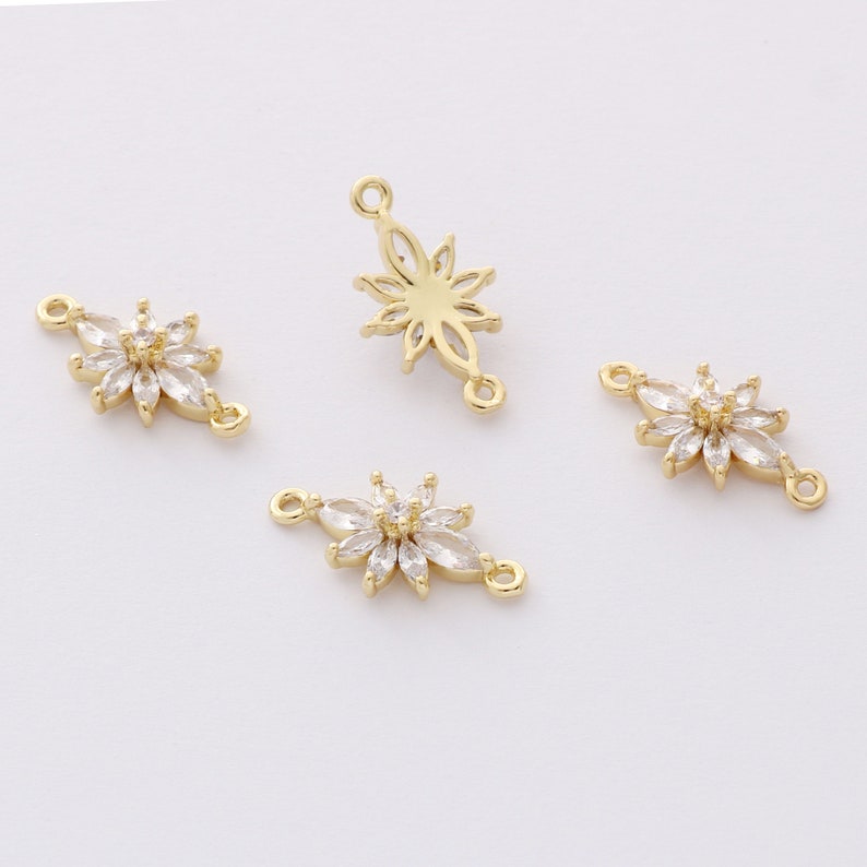 6pcs Real Gold Plated Zircon Flower Charm,CZ Pave Floral Connector,Gold Initial Charm, Handmade Jewelry Accessory Materials image 3