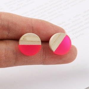 10pcs Neon Pink Resin and Wood Earrings, Round Wood Stud Earrings,Ear Wire, Post Earrings ,Diy Jewelry Accessories Craft Supplies
