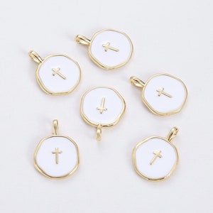 6pcs Real Gold Plated Cross Charm, White Enamel Cross Pendant, Disc Tag Charm,Jewelry Accessories, Nickel Free,high-quality image 1