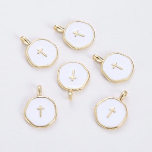 6pcs Real Gold Plated Cross Charm, White Enamel Cross Pendant, Disc Tag Charm,Jewelry Accessories, Nickel Free,high-quality