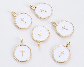 6pcs Real Gold Plated Cross Charm, White Enamel Cross Pendant, Disc Tag Charm,Jewelry Accessories, Nickel Free,high-quality