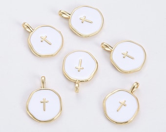 6pcs Real Gold Plated Cross Charm, White Enamel Cross Pendant, Disc Tag Charm,Jewelry Accessories, Nickel Free,high-quality