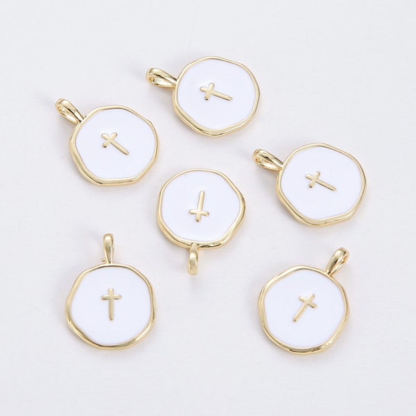 6pcs Real Gold Plated Cross Charm, White Enamel Cross Pendant, Disc Tag Charm,Jewelry Accessories, Nickel Free,high-quality