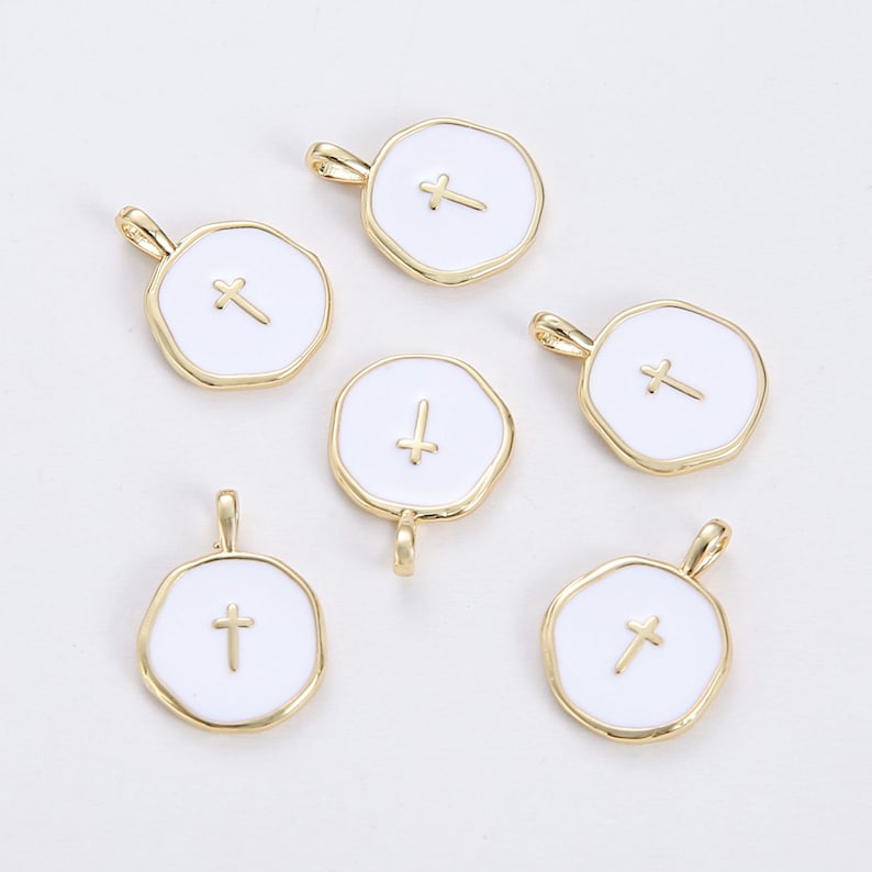 6pcs Real Gold Plated Cross Charm, White Enamel Cross Pendant, Disc Tag Charm,Jewelry Accessories, Nickel Free,high-quality image 1