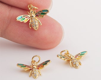 6pcs Real Gold Plated Enamel Bee Charm, Zircon Bee Pendant, cz Pave Animals/ Insects Charm,Jewelry Accessories, Nickel Free,high-quality