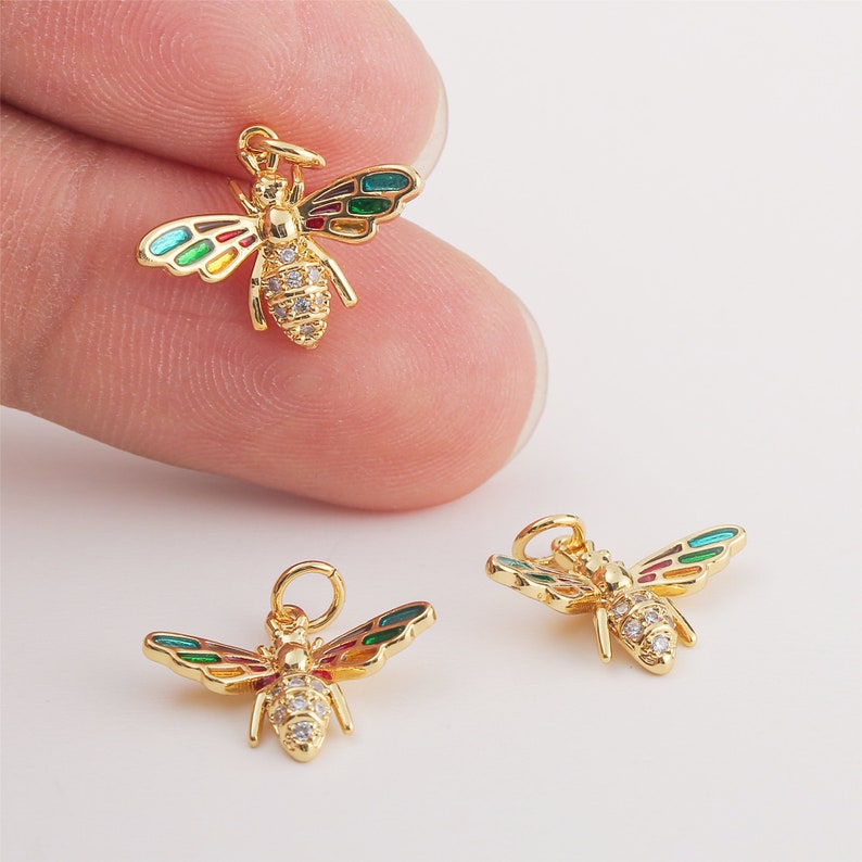 6pcs Real Gold Plated Enamel Bee Charm, Zircon Bee Pendant, cz Pave Animals/ Insects Charm,Jewelry Accessories, Nickel Free,high-quality image 1