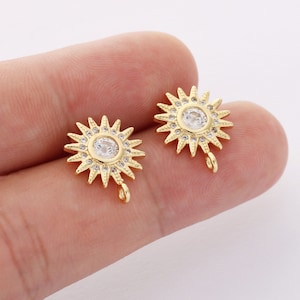 10PCS Real Gold Plated Sun Earrings Stud, Zircon Sun Earrings, cz Pave Post Earrings, High Quality, Nickel Free image 1