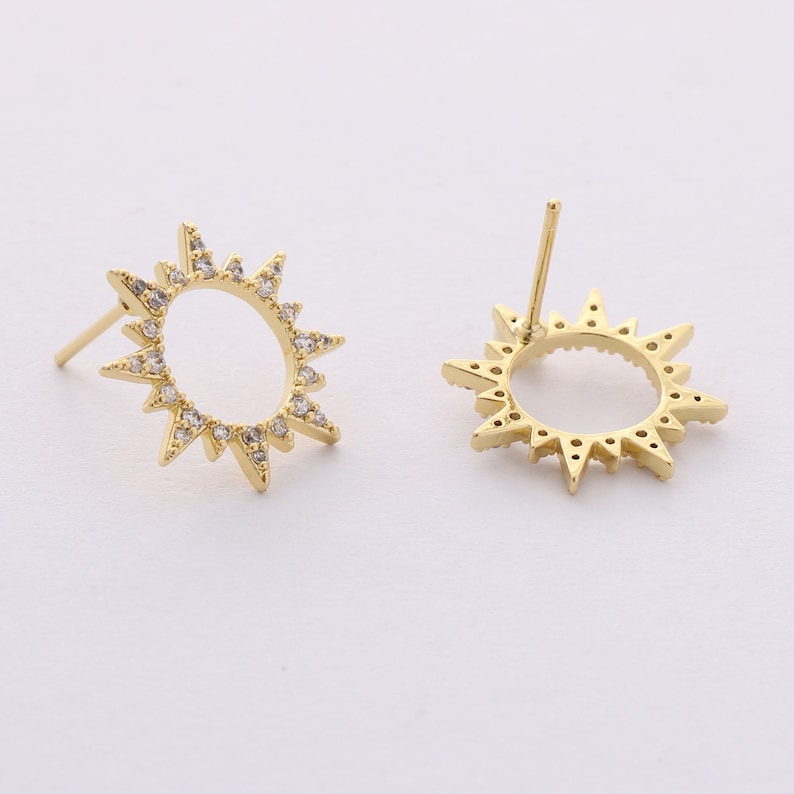 4PCS Real Gold Plated Sun Earrings Stud, Zircon Sun Earrings, cz Pave Post Earrings, High Quality, Nickel Free image 2