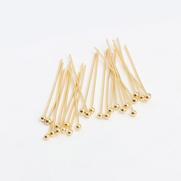 100pcs Real gold Plated Brass Ball pin, 25*0.5mm, 50*0.5mm,Ball Headpins, Jewelry Finding