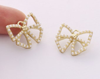 10pcs Gold Alloy Charm, Pearl Bow Pendant , Earring Jewelry DIY Material
