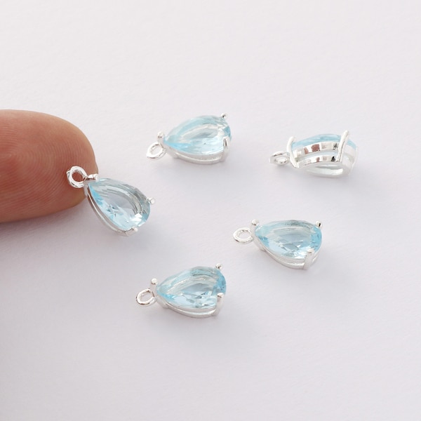 10pcs Silver Tone Blue Crystal Glass Charm Pendant,Large Faceted Lucite Beads,Teardrop Glass Pendant,Bezel Gemstone, wholesale prices