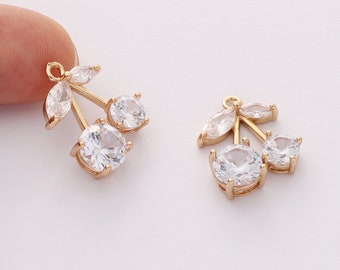 10pcs gold cherry charm,Zircon cherry pendant, fruit, food, handmade jewelry making,Jewelry material