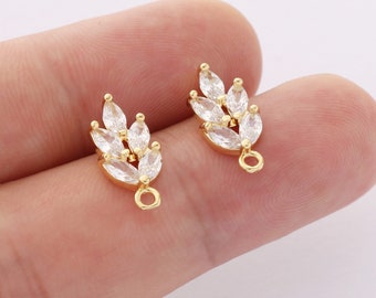 10PCS Real Gold Plated Zircon Leaves Earrings CZ Pave Post Earring Nickel-free High Quality