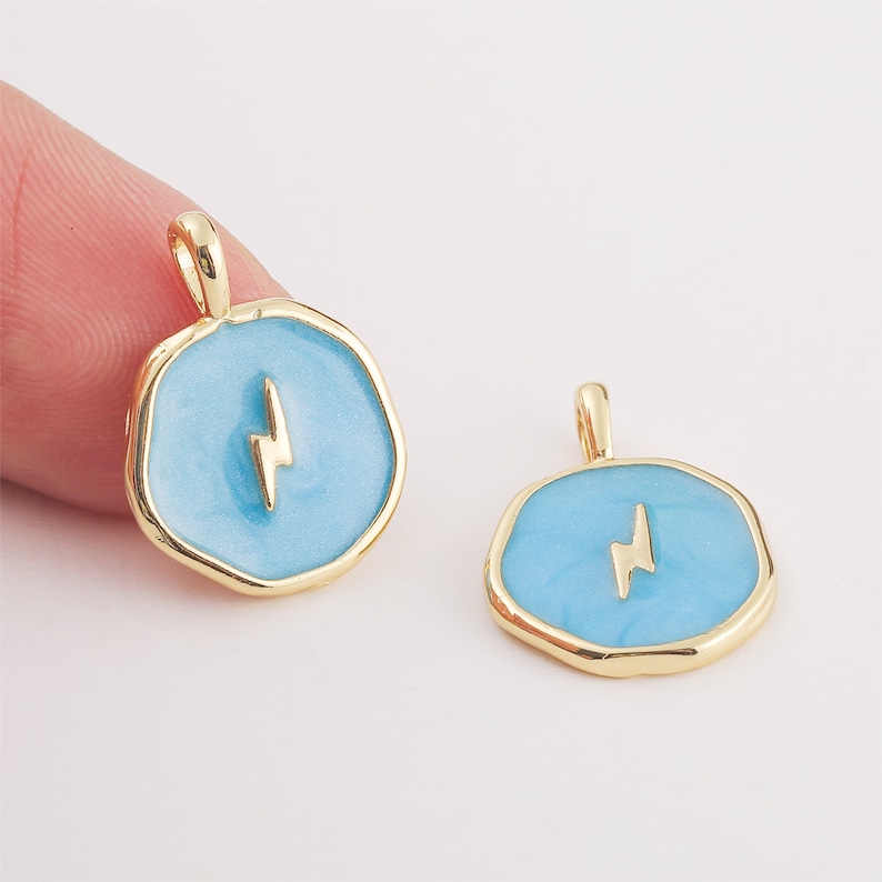 6pcs Real Gold Plated Lightning Charm, Blue Enamel Lightning Pendant, Disc Tag Charm,Jewelry Accessories, Nickel Free,high-quality image 1