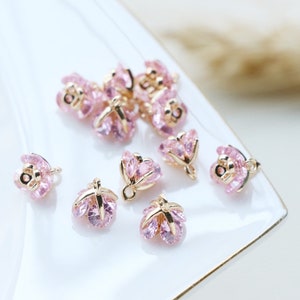10pcs CZ Pave Charm, Zircon Flower Pendant, Pink Flower Charm,8mm,Jewelry Making,Material Craft Supplies
