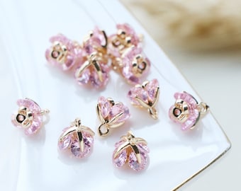10pcs CZ Pave Charm, Zircon Flower Pendant, Pink Flower Charm,8mm,Jewelry Making,Material Craft Supplies