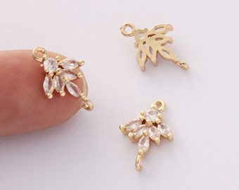 10PCS Gold Plated Zircon Leaf Charms,CZ Pave Leaves Connector, Jewelry Accessory Materials