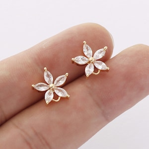 6pcs Real Gold Plated Flower Earrings, Zircon Flower Post Earrings, Ear Stud, Earring Attachment, Jewelry Accessories